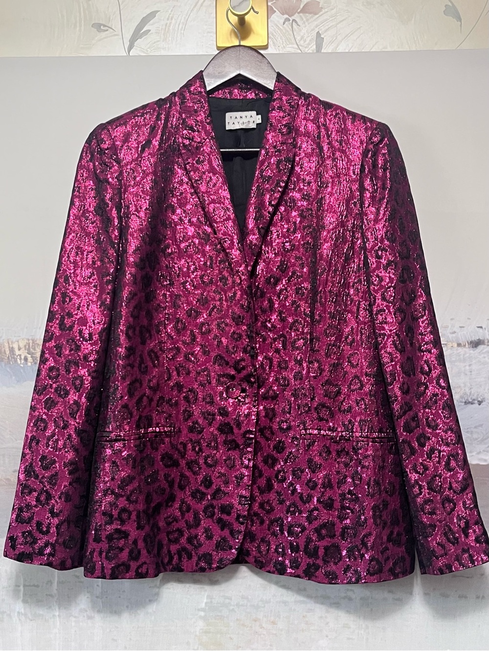 Tanya Taylor Analiese Blazer Metallic Fuchsia Burgundy Pink Leopard Print Size 4